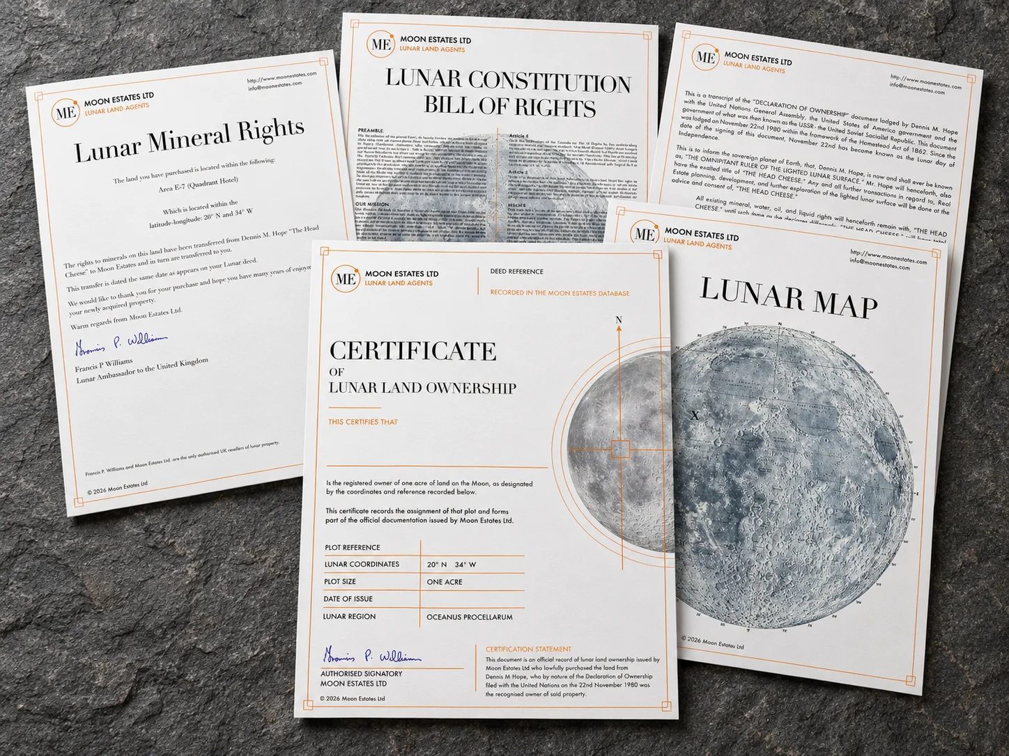 Les cinq documents Moon Estates présentés ensemble : le certificat de propriété foncière lunaire, la carte lunaire, les droits miniers lunaires, la déclaration des droits de la constitution lunaire et la transcription de la déclaration de propriété