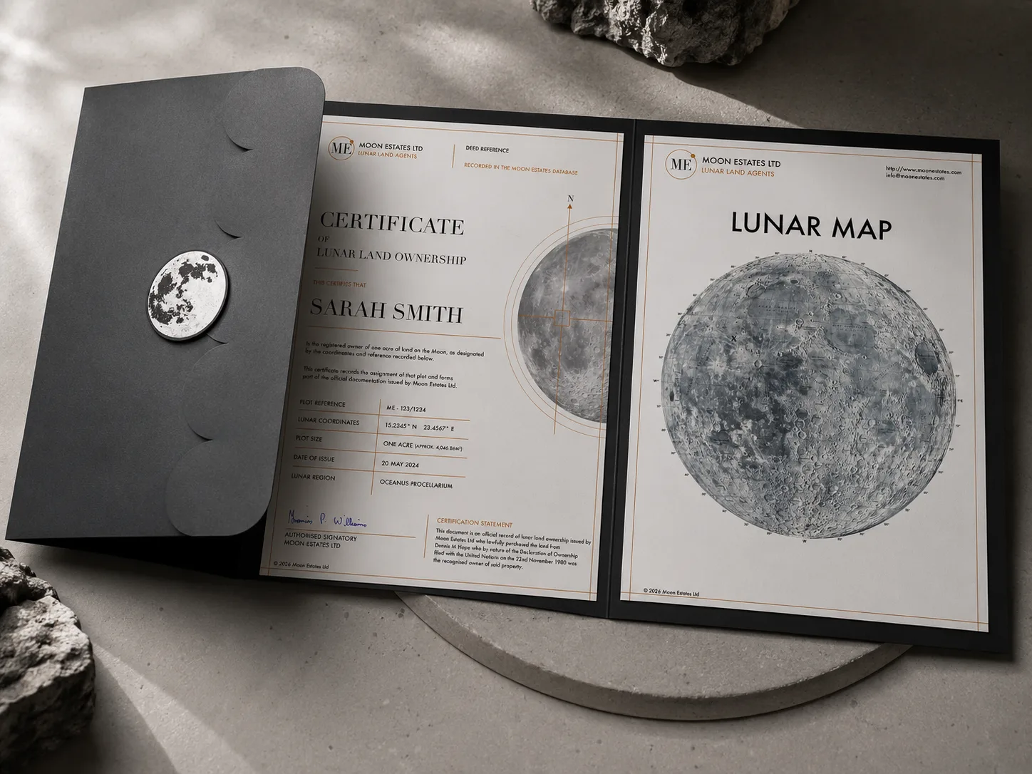 Close view of a personalised Moon Deed recording the registered owner’s name, plot reference, lunar coordinates and plot size.