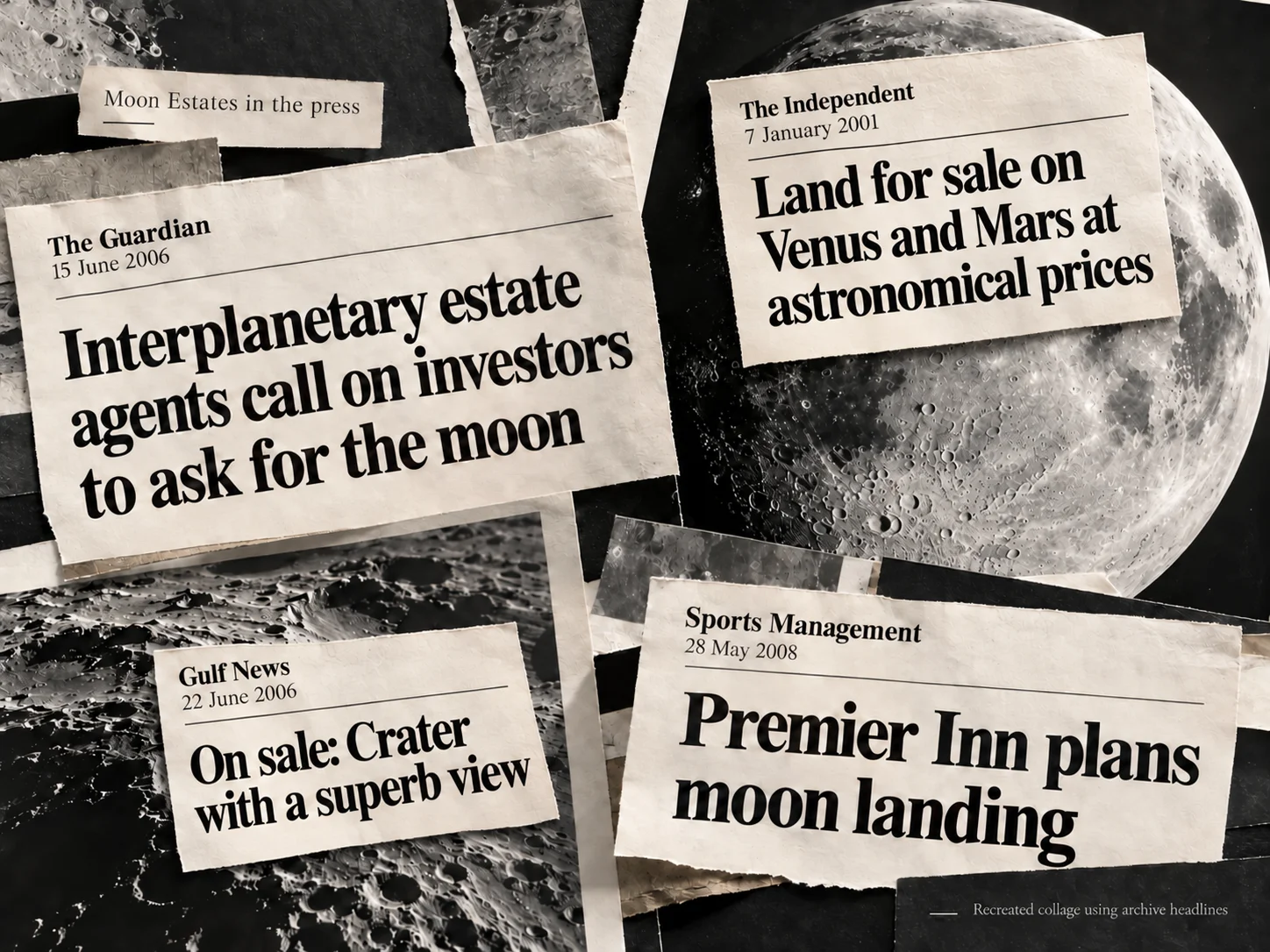 Collage of archive press cuttings about Moon Estates, including The Guardian, The Independent, Gulf News and Sports Management headlines, over black and white images of the Moon